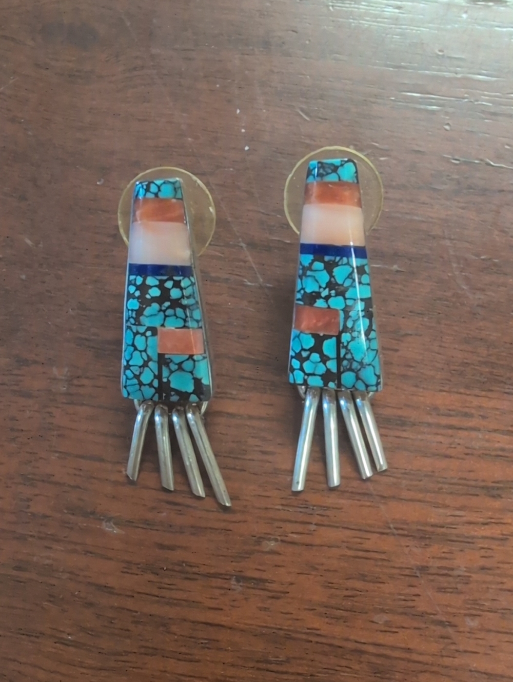 Turquoise Inlay Dangle Earrings - Blue & Coral Accent